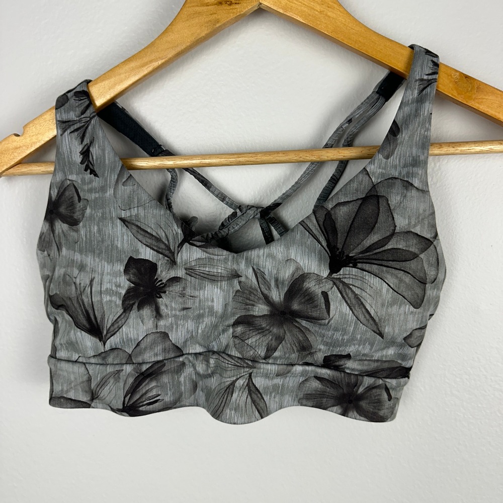 Athleta Strappy Back Floral Sports Bra Grey Charcoal Yoga Gym S 531125-02
